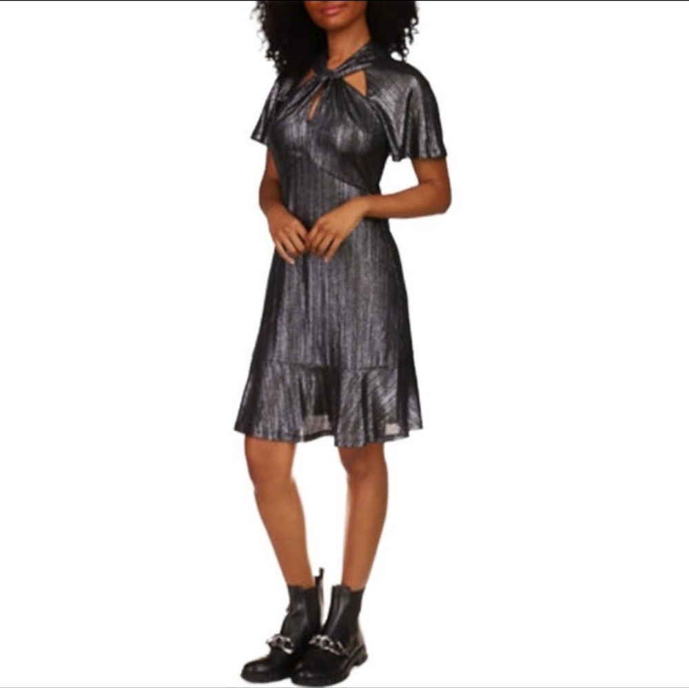 MICHAEL Michael Kors Black/Silver Flutter Sleeve Twist Keyhole Neck Dress